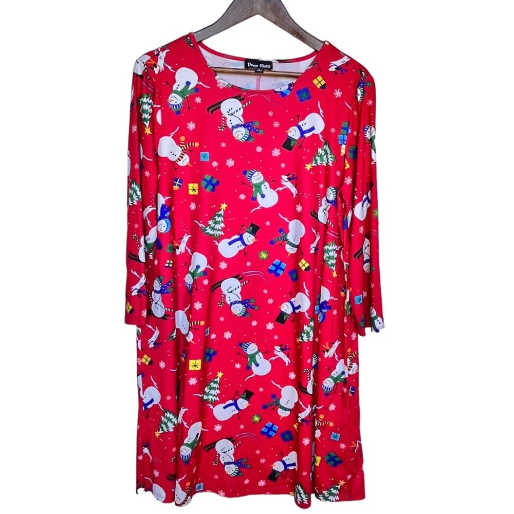 Dress Works Womens Red Snowman Print Knee Length Swing Dress 3/4 Sleeve Large